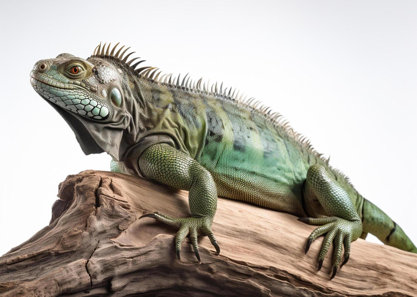 Studio portrait of green iguana on a tree branch. isolated on white background. photo