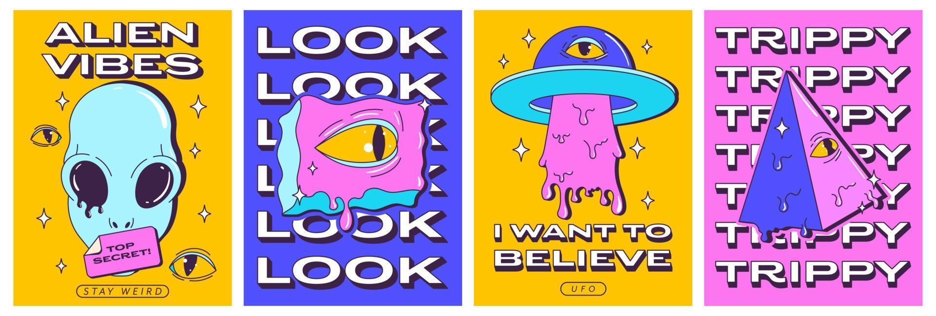 Trendy Y2K psychedelic posters set with alien characters and UFO. Trippy eyes, and crazy modern quotes. Card, invitation, stories template. Front and back side poster design. Vector illustration.