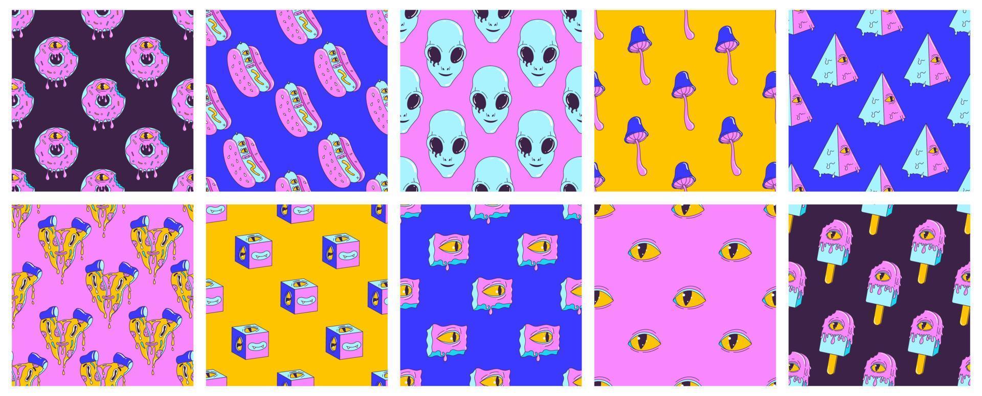 Psychedelic acid seamless pattern set with trendy weird characters and elements. Trendy trippy 90s - 2000s style. Modern posters. Vibrant color. Fast food, alien, crazy eyes. Funny vector illustration
