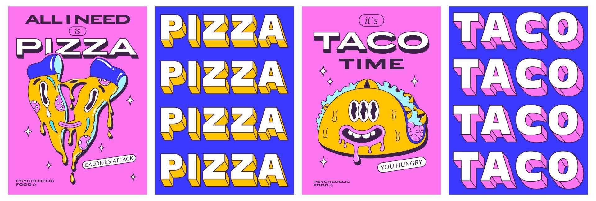 de moda psicodélico carteles conjunto con gracioso rápido comida caracteres. trippy Pizza rebanada y loco moderno tacos frente y espalda lado póster diseño. vector ilustración.