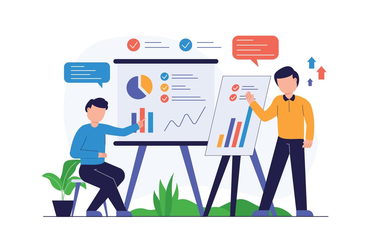 Two business people are working on analyzing data management, modern flat illustration vector