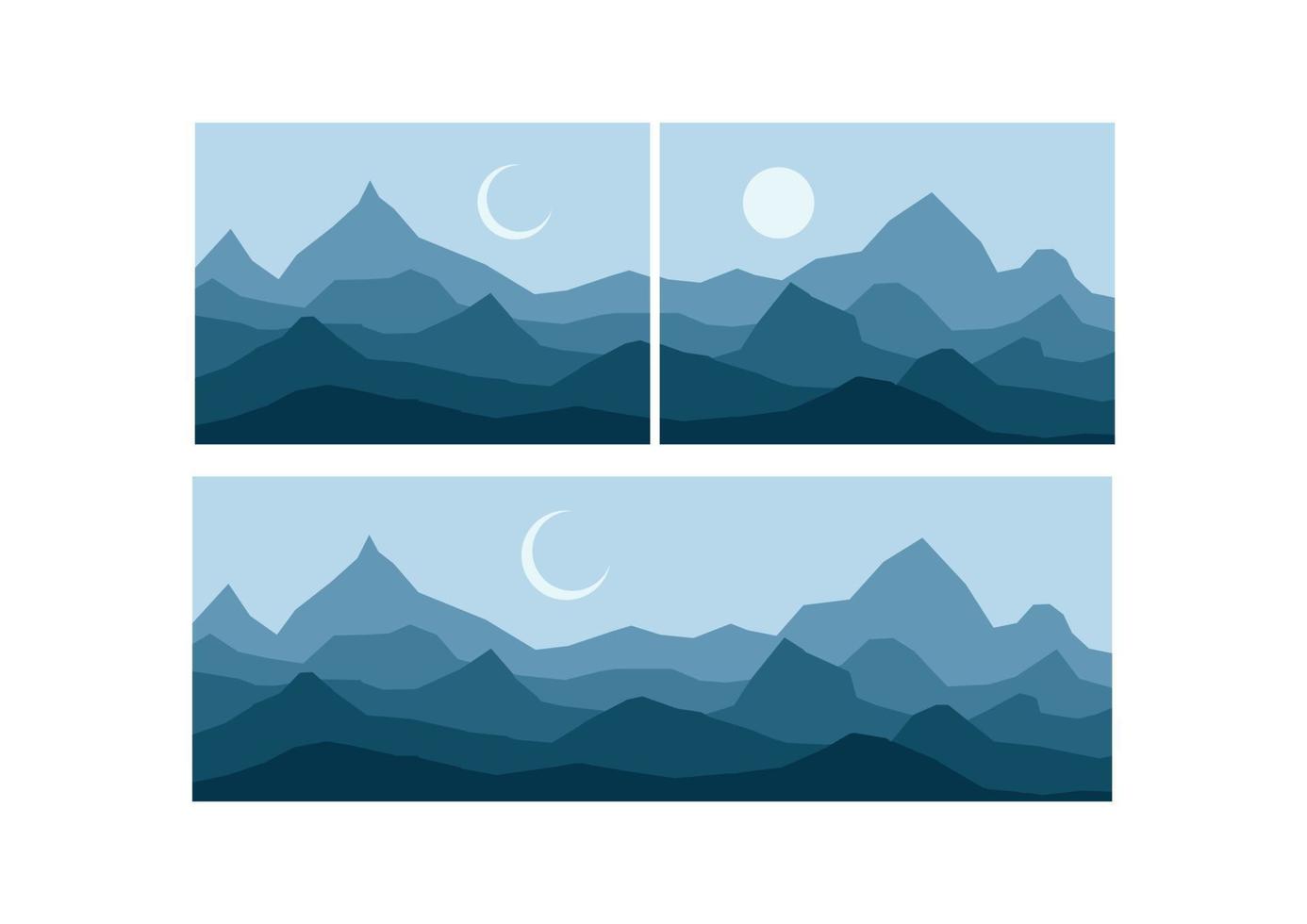 mountain flat landscape vector illustration. Vector horizontal landscape with fog, forest, mountains and morning sunlight. Illustration of panoramic view, mist and silhouettes mountains.