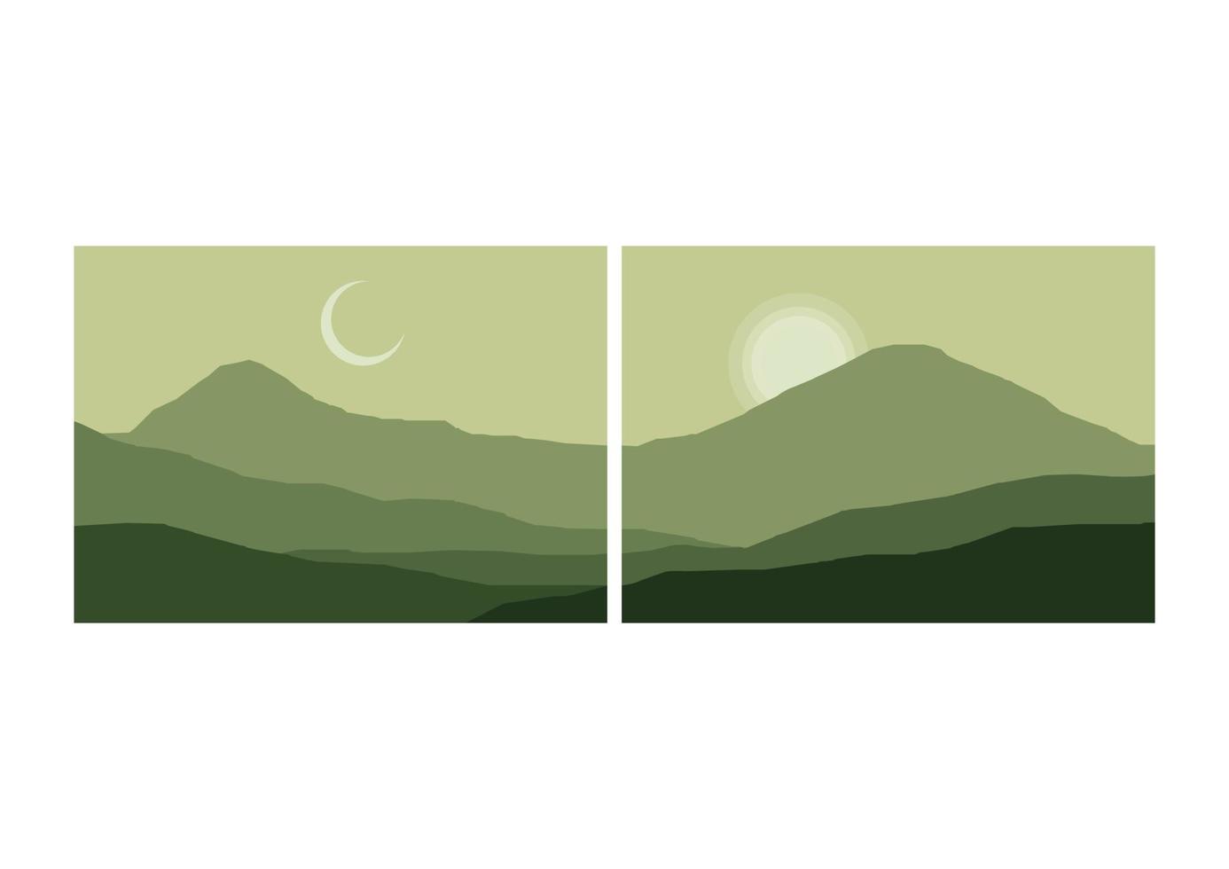 mountain flat landscape vector illustration. Vector horizontal landscape with fog, forest, mountains and morning sunlight. Illustration of panoramic view, mist and silhouettes mountains.