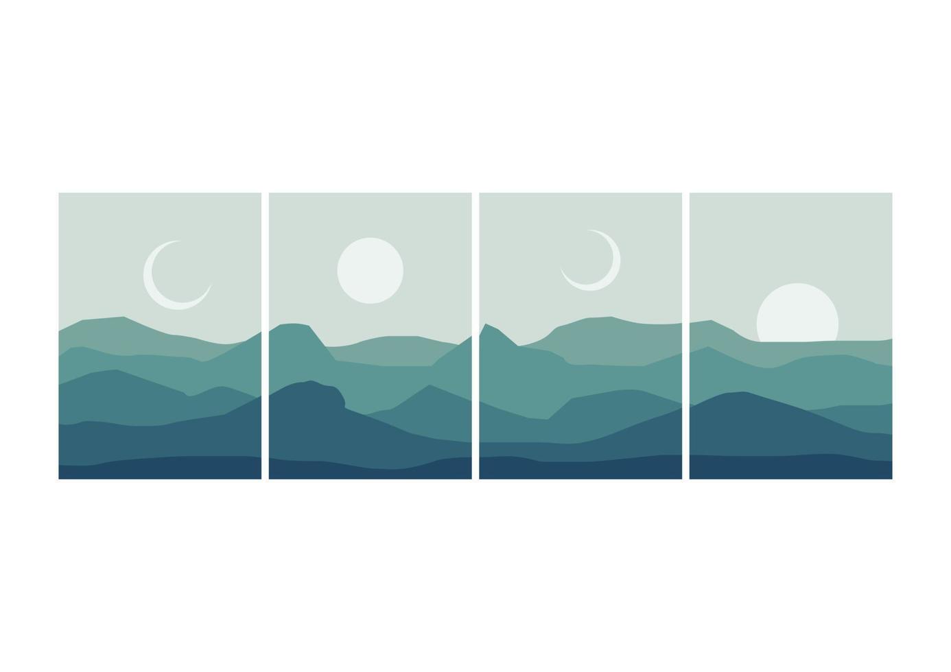 mountain flat landscape vector illustration. Vector horizontal landscape with fog, forest, mountains and morning sunlight. Illustration of panoramic view, mist and silhouettes mountains.