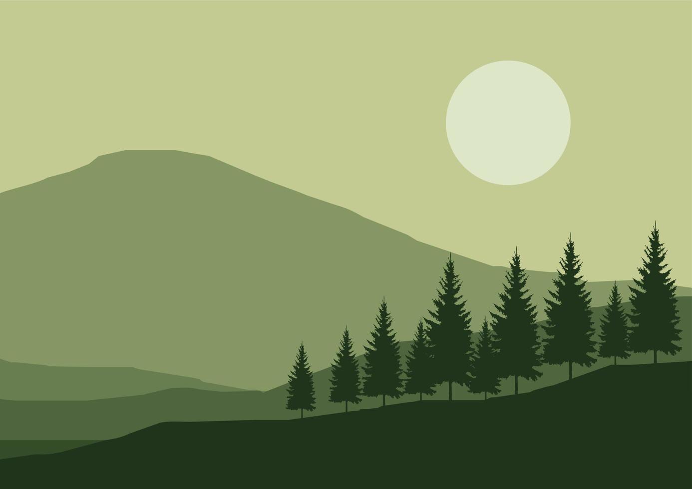 mountain flat landscape vector illustration. Vector horizontal landscape with fog, forest, mountains and morning sunlight. Illustration of panoramic view, mist and silhouettes mountains.