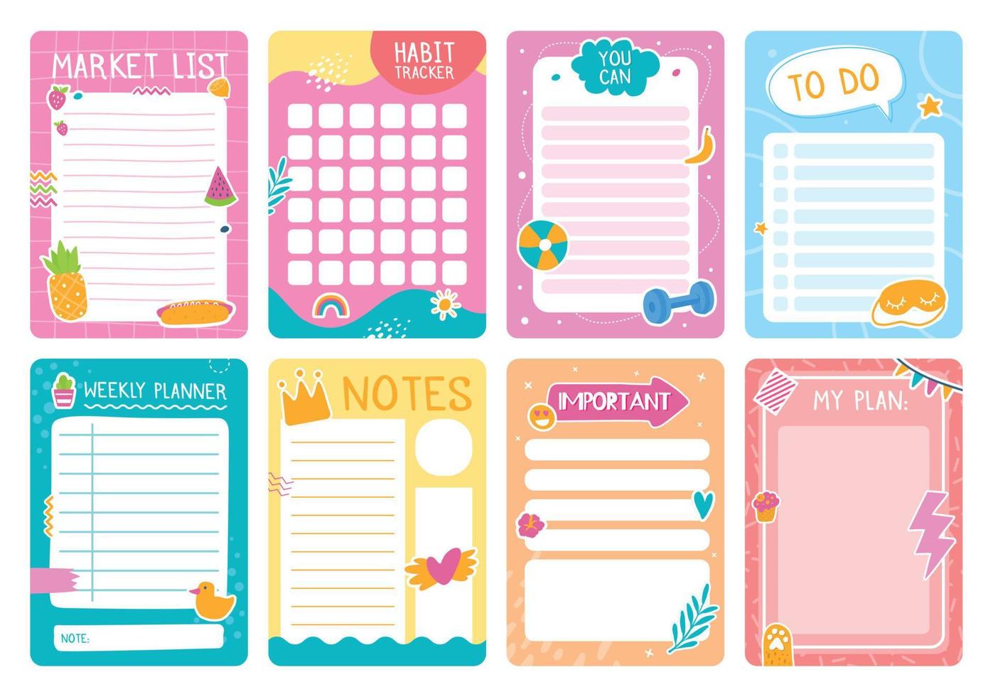 linda planificador paginas con pegatinas, cuaderno o diario modelo. semanal planificador, a hacer lista, hábito rastreador niños diario página diseño vector conjunto