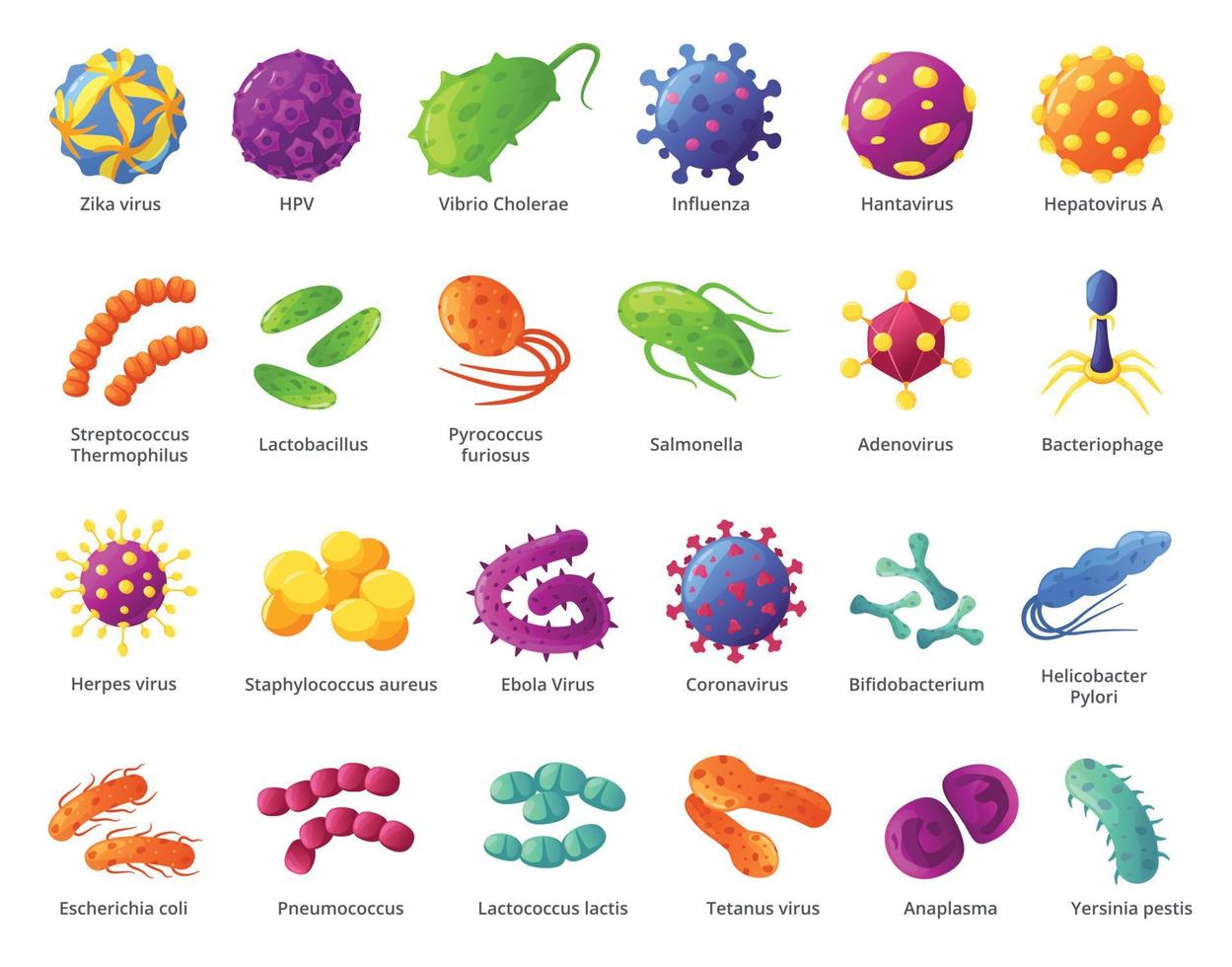 dibujos animados microbio. biológico microorganismos, virus células, infectando gérmenes, bacterias patógeno organismos y causando enfermedad microbios vector conjunto