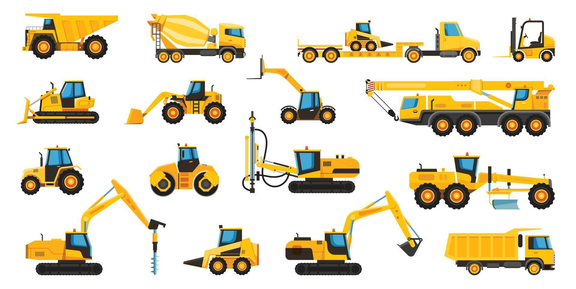 Construction machines, equipment and heavy building machinery. Crane, excavator, bulldozer, tractor, truck, forklift, digger flat vector set