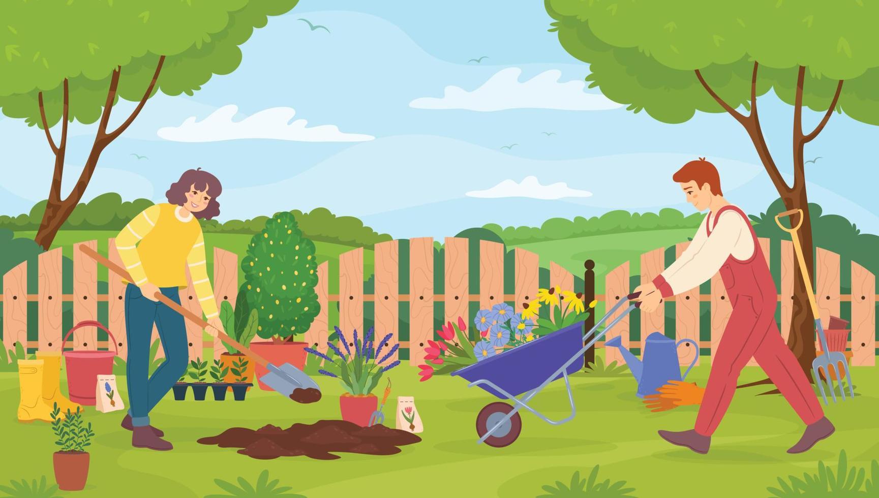 jardineros tomando cuidado de jardín, hombre y mujer con jardinería herramientas. jardinero excavación suelo, plantando flores en jardín vector ilustración