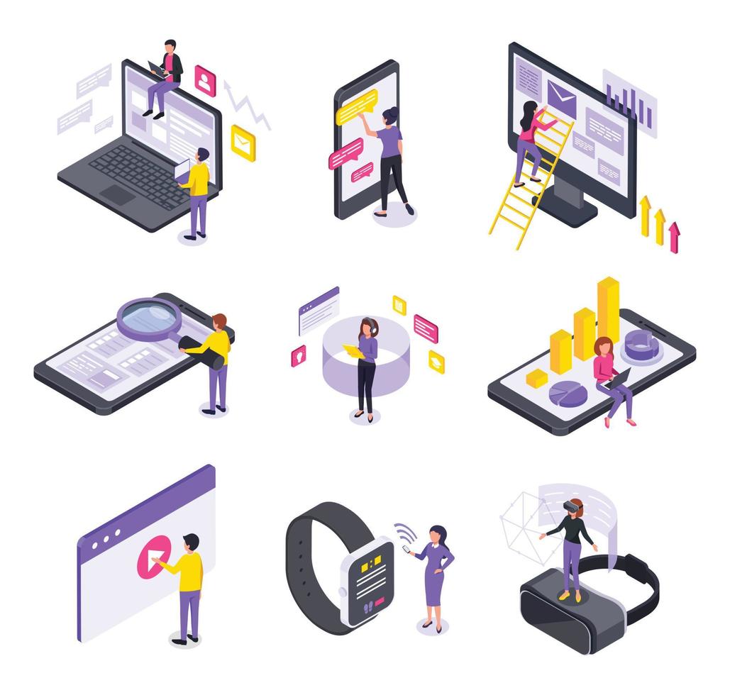 Isometric user interface. People interacting with devices screen. Mobile application, software development, vr technology vector concept set