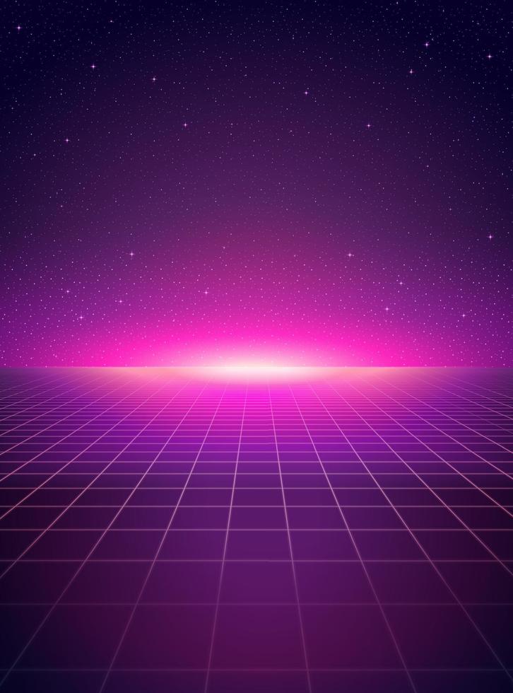 Cyber punk style grid floor and starry night background in purple tone vector