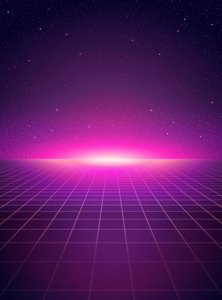 Cyber punk style grid floor and starry night background in purple tone vector