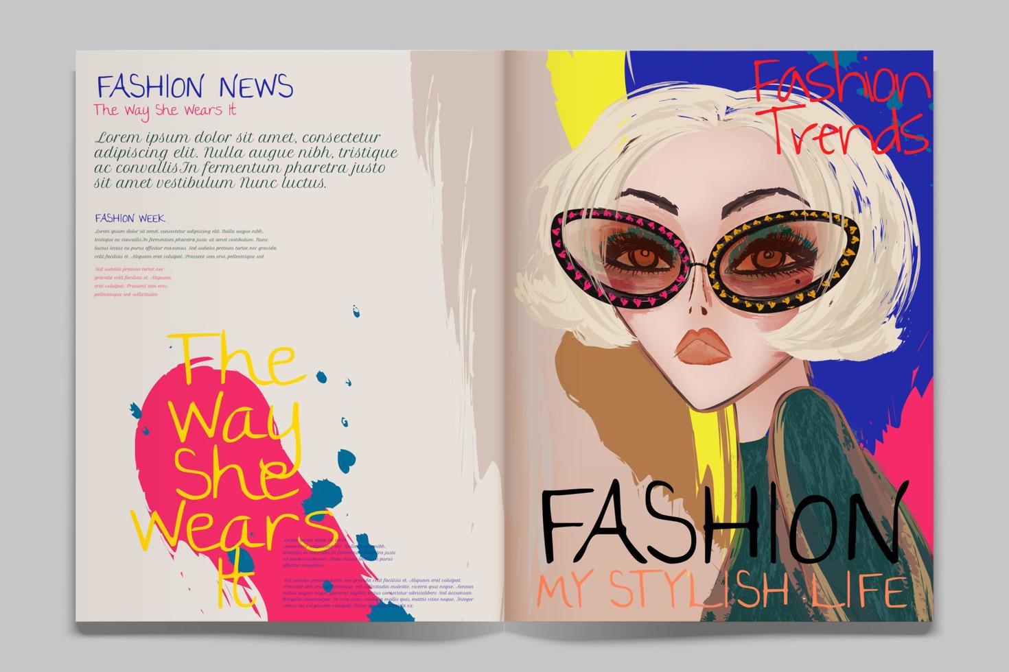 Fashion article illustration with modern bright blonde woman wearing sunglasses vector