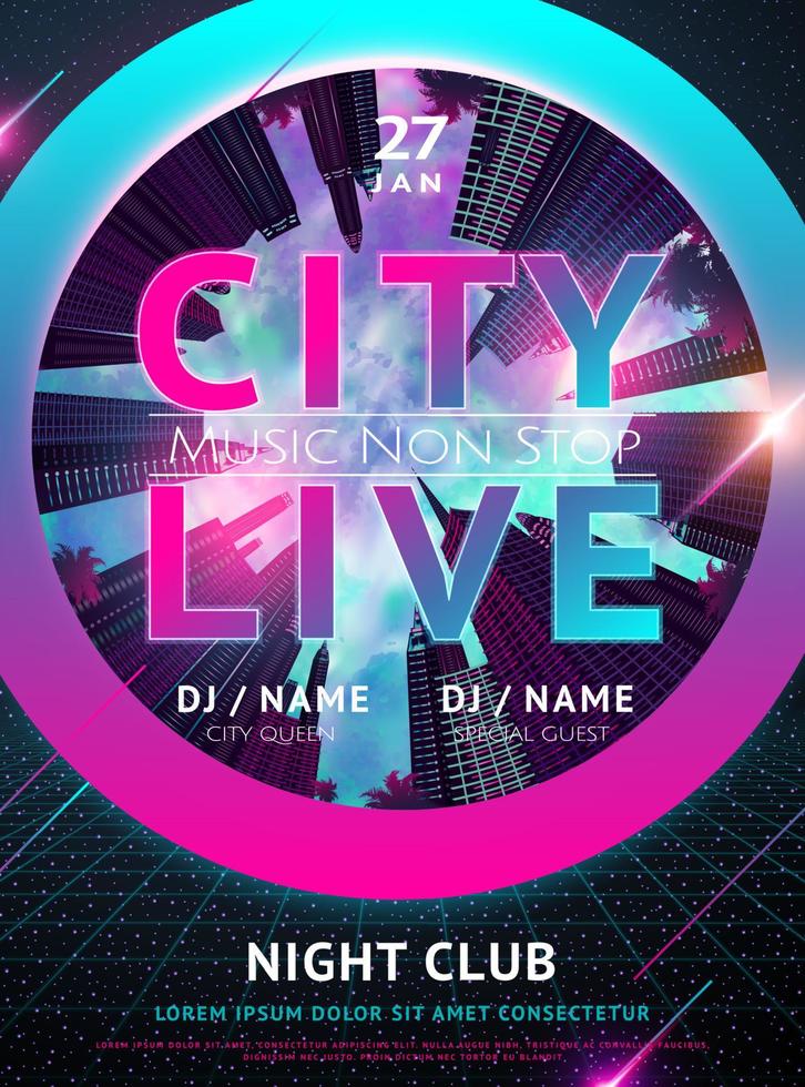 Cyberpunk style night club music concert poster design with look up angle vector