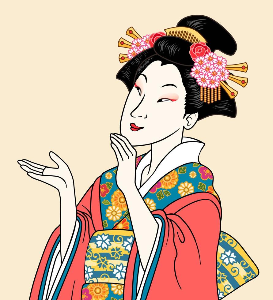 atractivo ukiyoe estilo geisha mujer vistiendo kimono vector