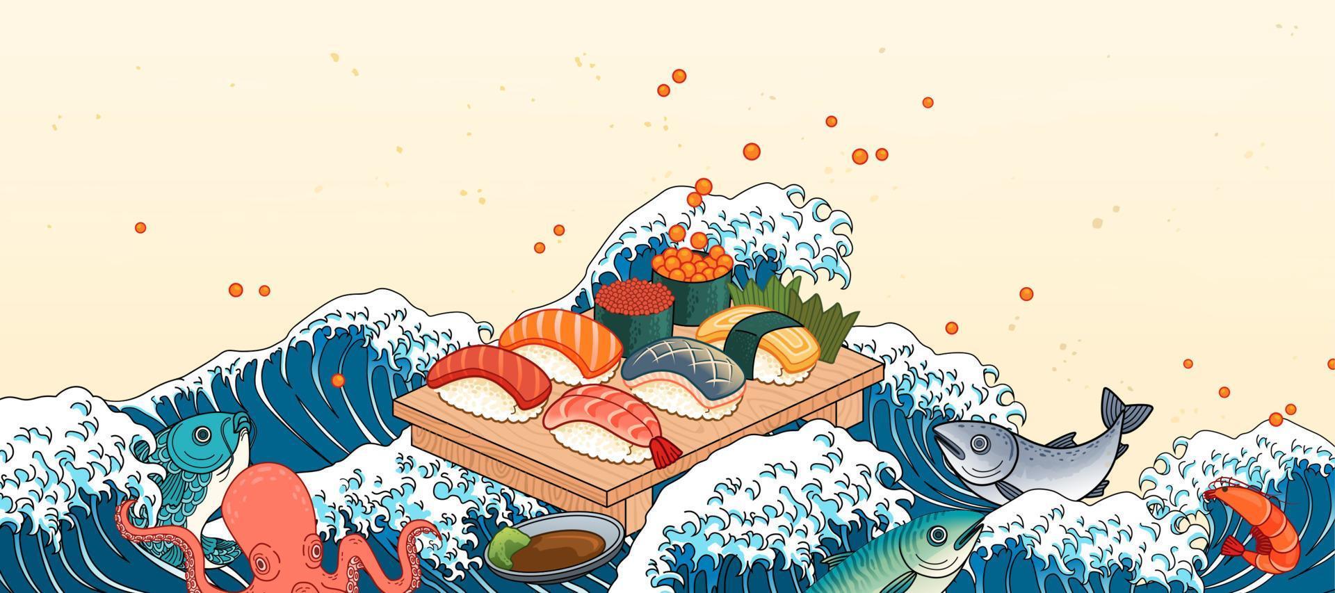 Sashimi on giant wave tides background in ukiyo-e style vector