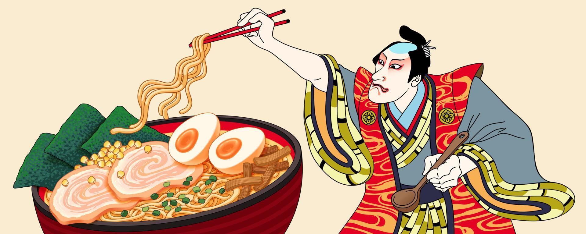 hombre es yendo a comer ramen en ukiyo-e estilo vector