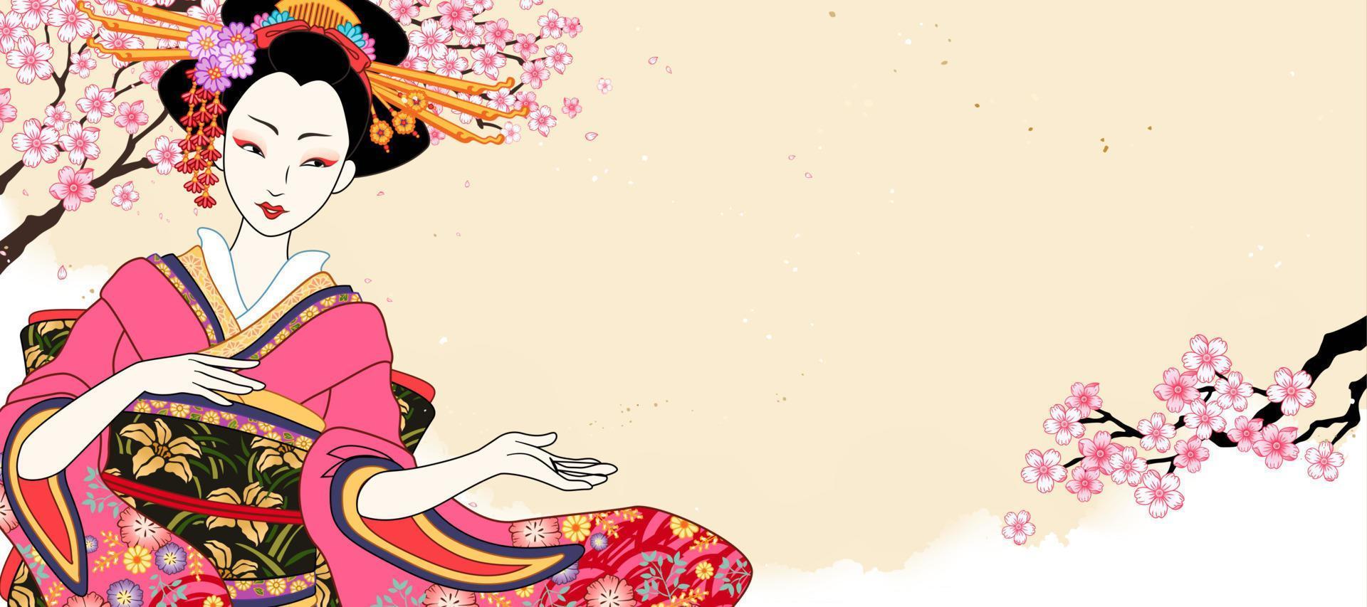 Beautiful geisha wearing pink kimono on cherry blossom background in