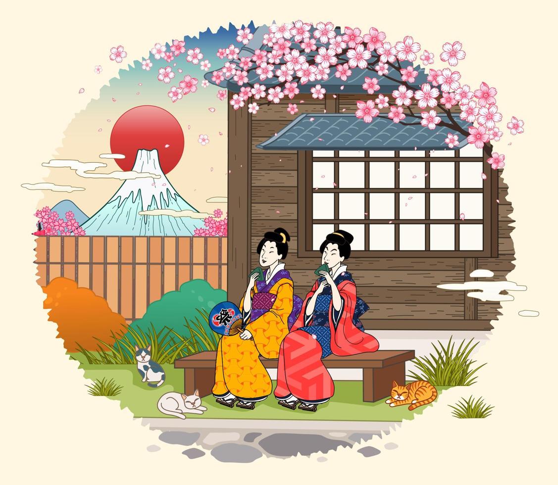 Woman sitting outside the retro Japanese tea room and enjoying snack in ukiyo-e style vector