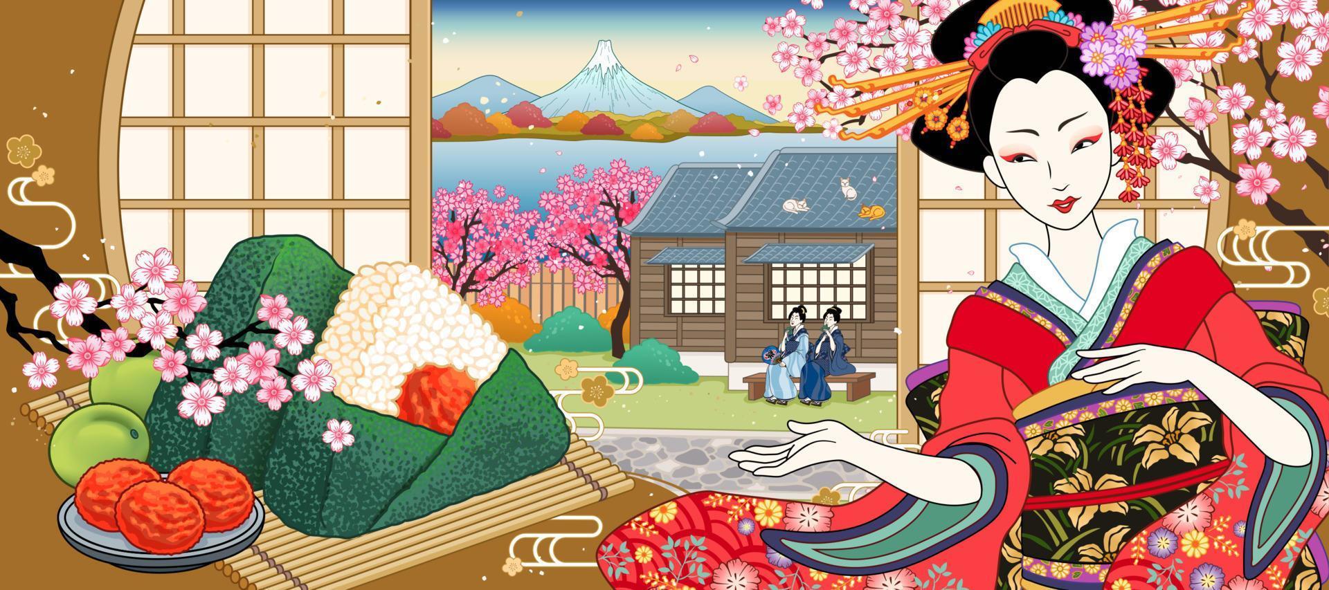 salado ciruela arroz pelota anuncios con hermosa geisha y Cereza florecer en ukiyo-e estilo vector