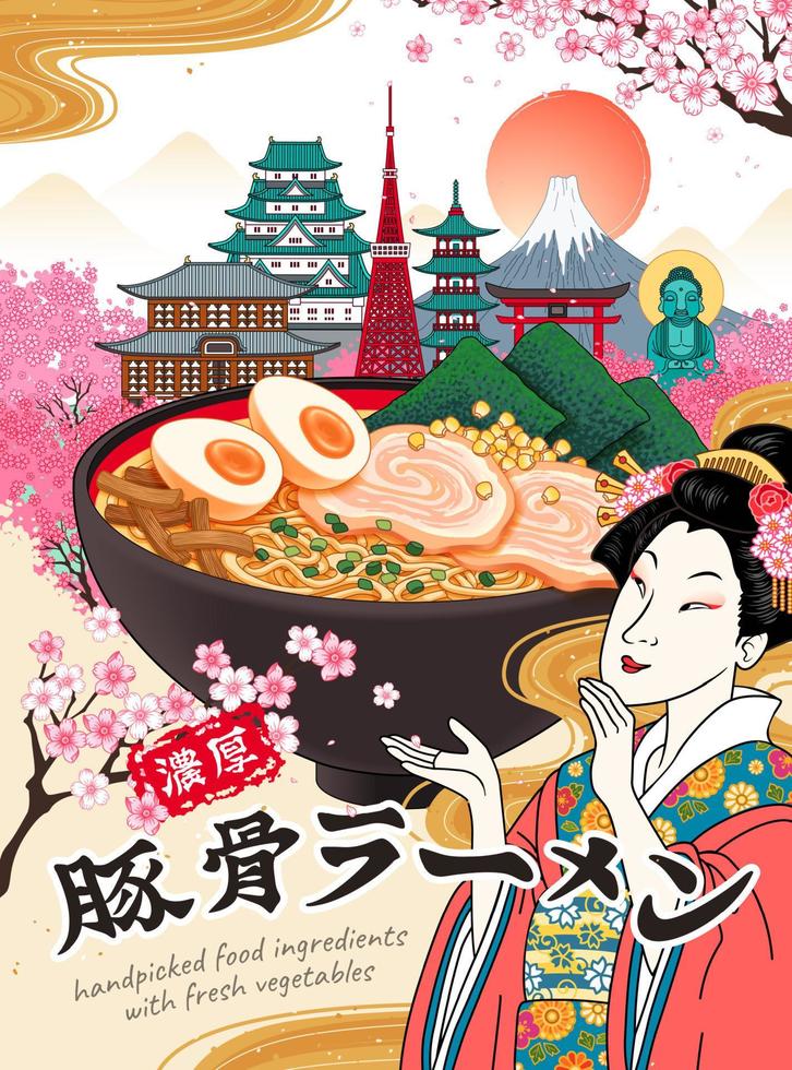 Delicious tonkotsu ramen broth poster with geisha and famous landmarks in ukiyo-e style, savory pork broth noodles written in Japan kanji text vector