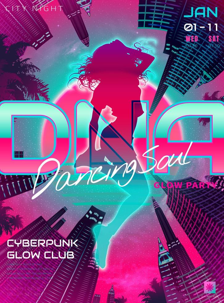 Dancing soul poster with sexy girl silhouette on low angle urban cyberpunk style background vector