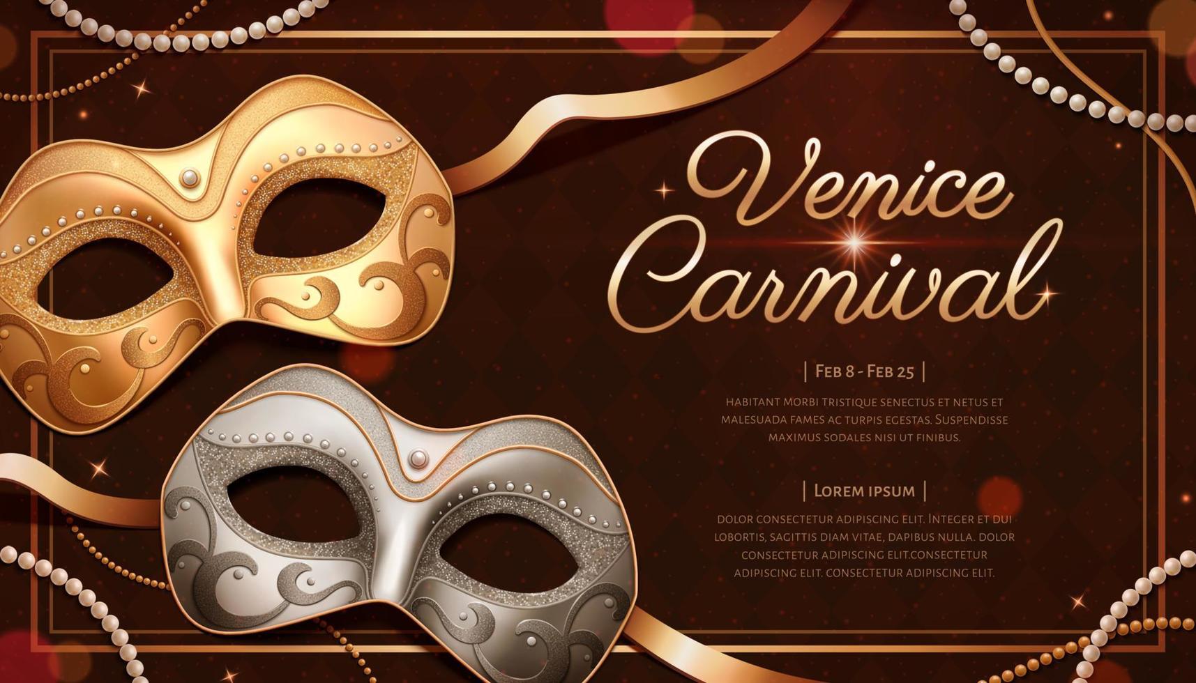 Venice carnival template design with silver and gold mask in 3d illustration vector