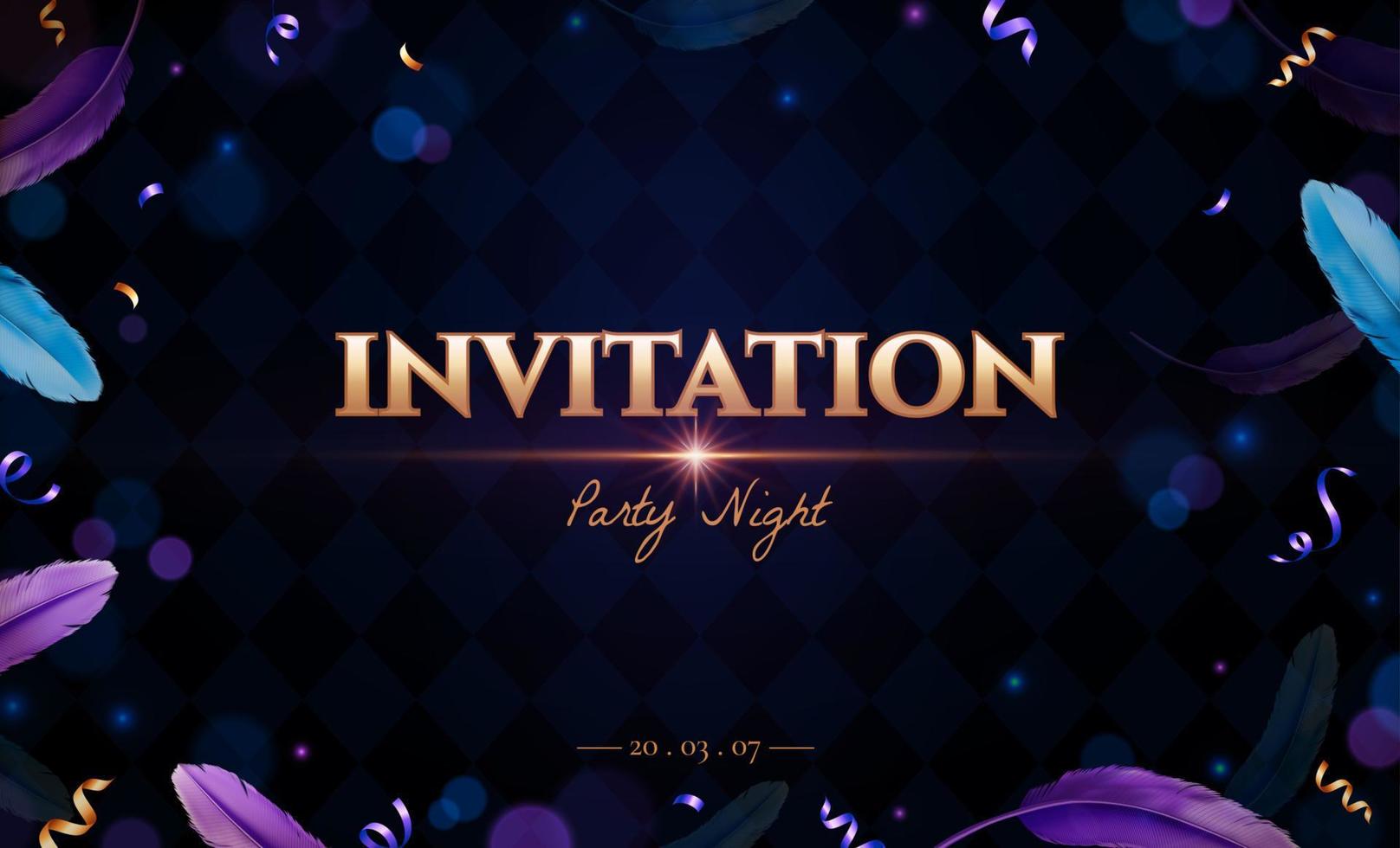 Party night invitation with purple and blue feathers frame on bokeh dark blue background in 3d illustration vector