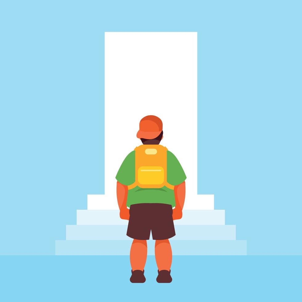 Boy With A Backpack In Front Of The Entrance vector