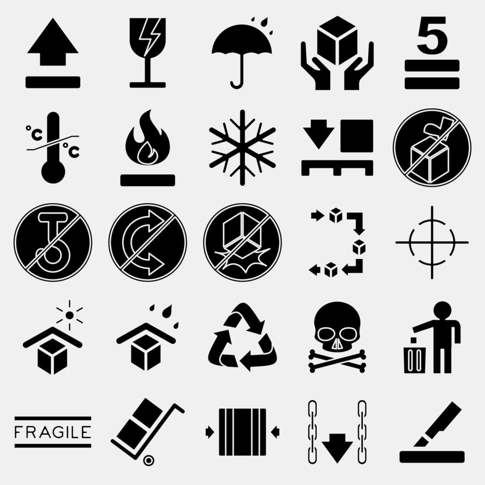 Icon set of packaging sign. Packaging symbol elements. Icons in glyph style. Good for prints, posters, logo, product packaging, sign, expedition, etc. vector
