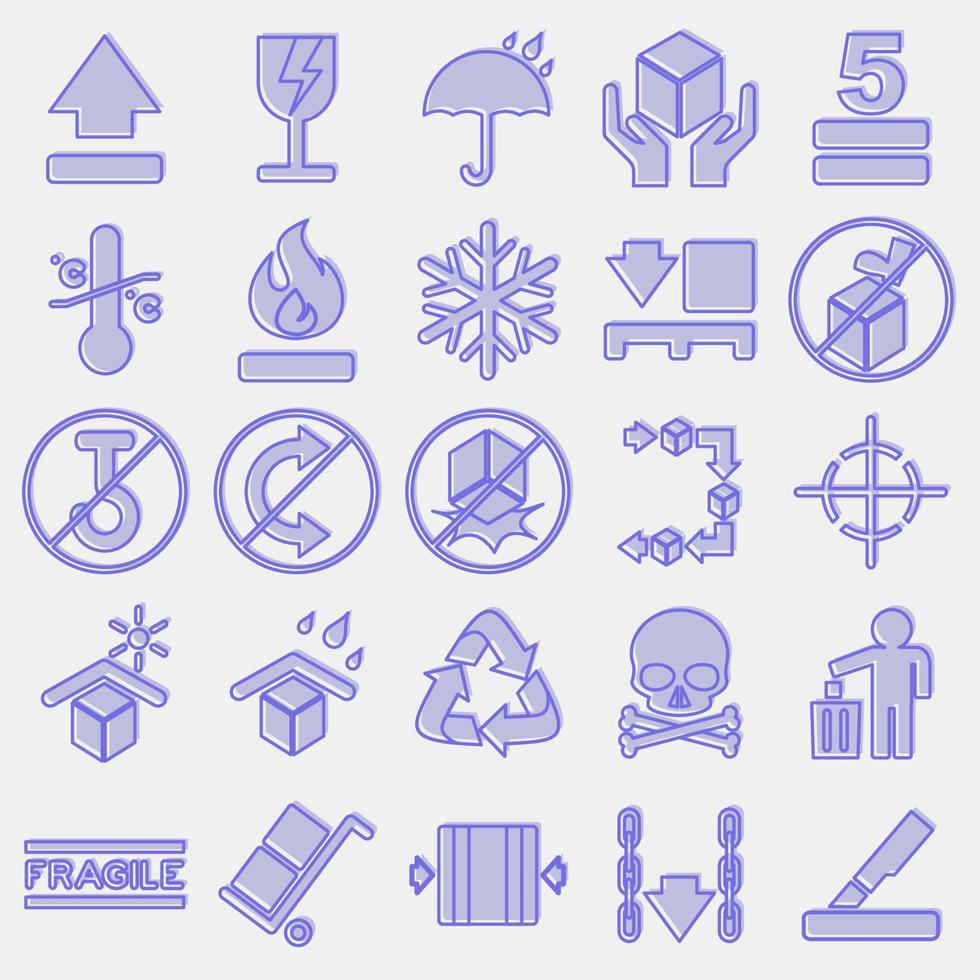 icono conjunto de embalaje signo. embalaje símbolo elementos. íconos en dos tono estilo. bueno para huellas dactilares, carteles, logo, producto embalaje, firmar, expedición, etc. vector