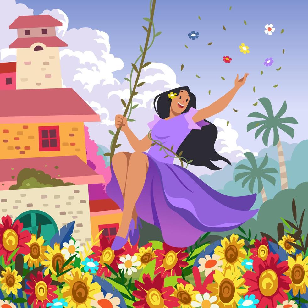 Beautiful Girl in the Garden of Flowers vector