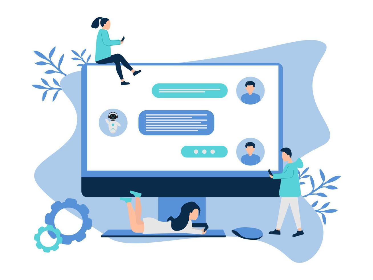 Illustration with artificial intelligence chat bot, character in the computer and chatting. The computer is surrounded by characters of people with a phone who communicate with the chat bot. vector