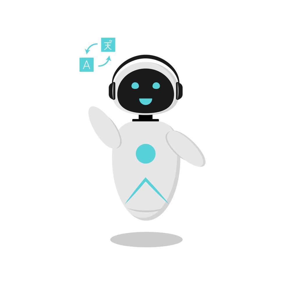 Illustration of a sticker with a robot that translates. A robot with artificial intelligence to communicate in a chat bot. The design is minimalistic in flat style. vector