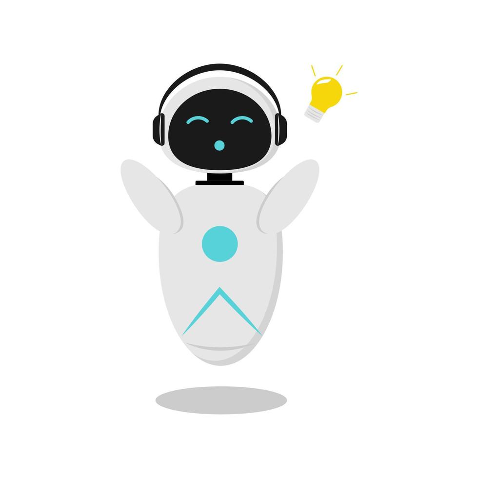Illustration of a sticker with a robot that has an idea. A robot with artificial intelligence to communicate in a chat bot. The design is minimalistic in flat style. vector