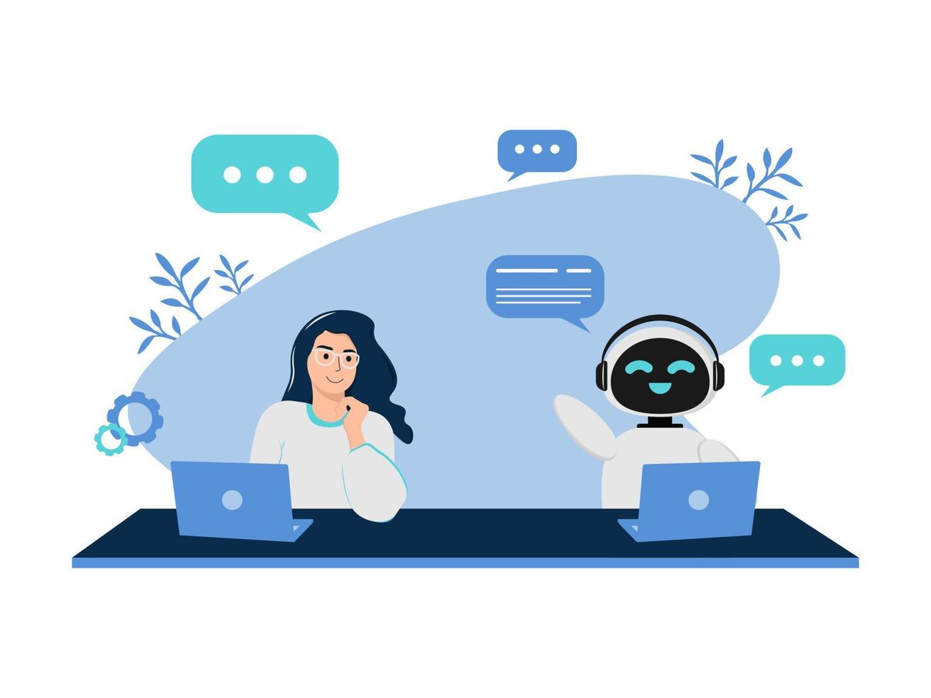 Illustration with a robot and a woman who communicate in a chat bot. Illustration with an AI chatbot. Made in a minimalist flat style, blue shades are used. vector