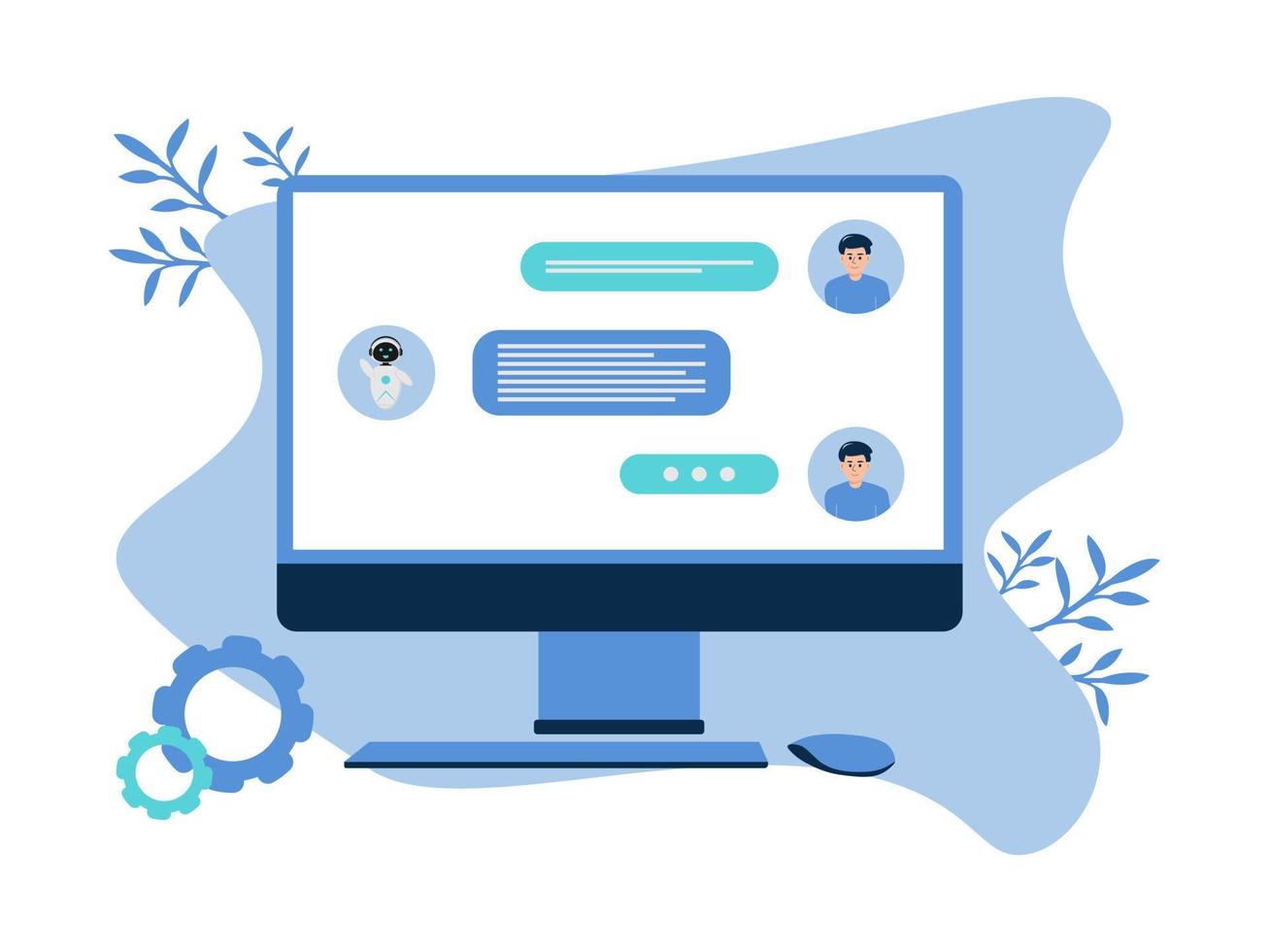 Illustration with artificial intelligence chatbot, computer robot icons and chatting communication. A human and chatbot chat is shown on the computer screen. vector
