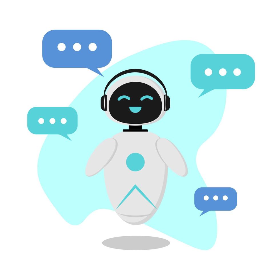 Illustration with an AI chatbot that communicates with people in a chat.The character of the robot is very positive, the design is minimalistic in flat style. vector