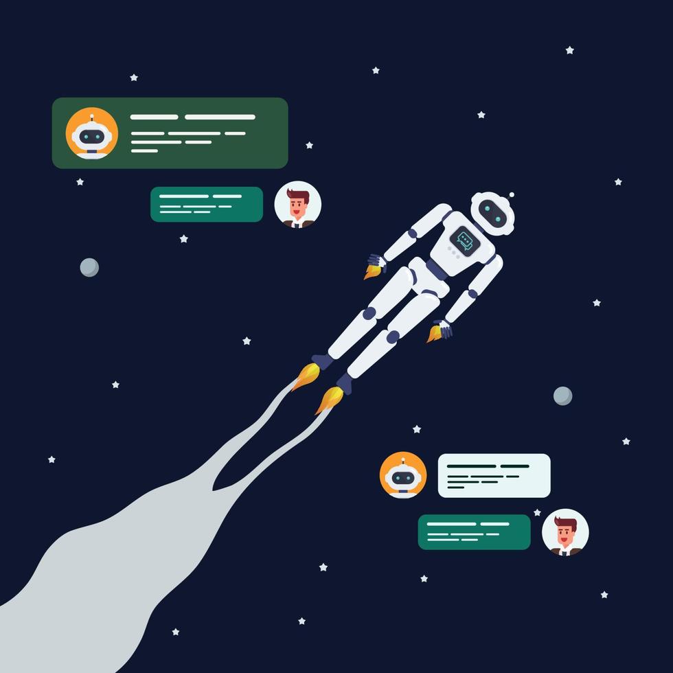 Android chatbot is flying on space background vector