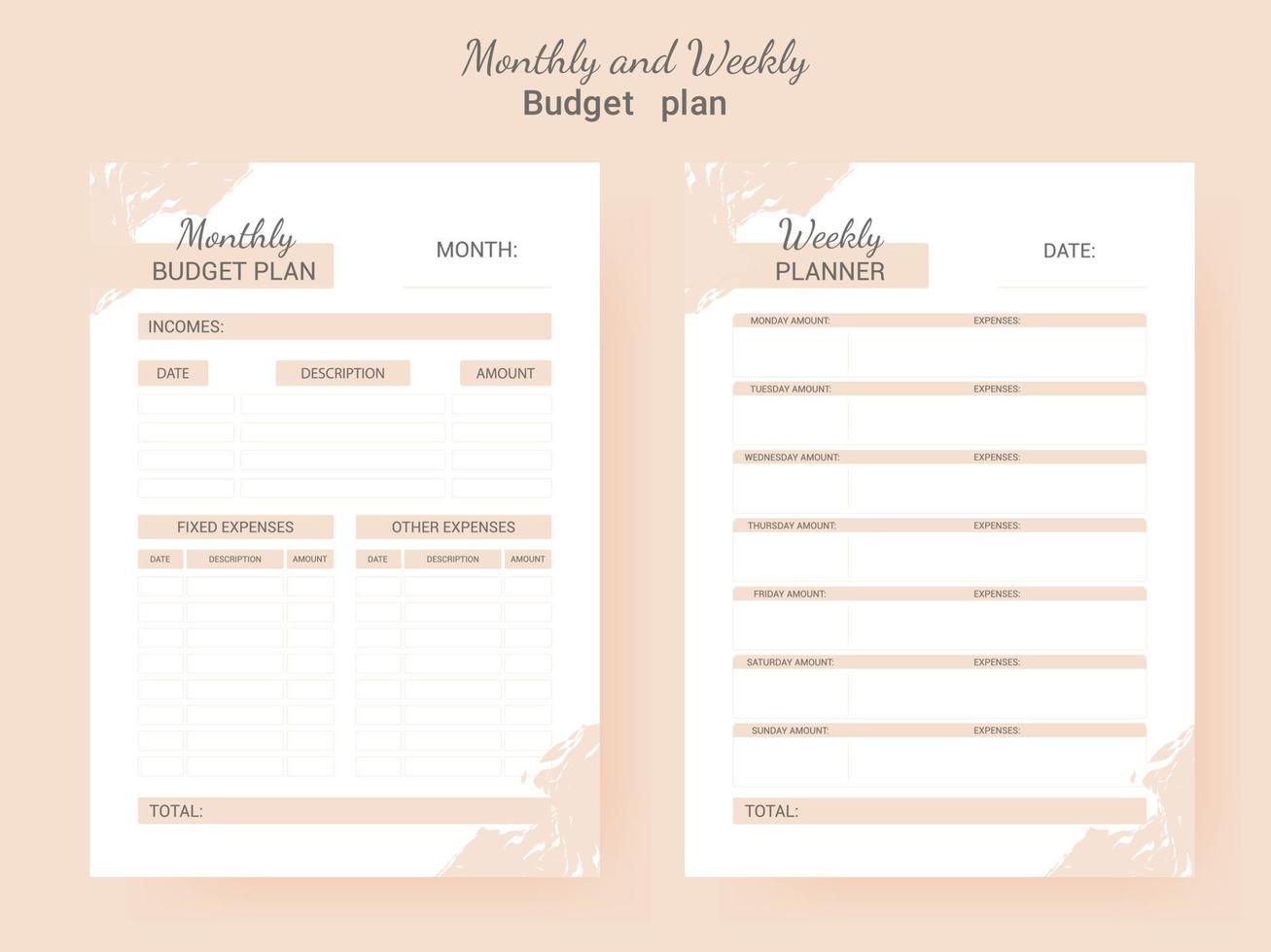 Budget planner week and monthly in pastel colors. Set for notes, notebooks, diary, organizer and schedule. vector