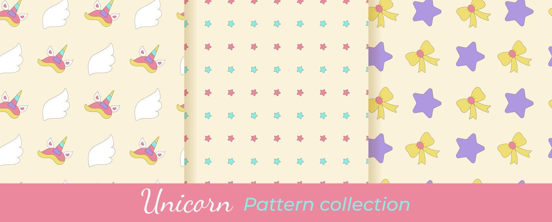 Collection of unicorn patterns. Magical vector patterns set. Seamless patterns with bows, stars, wings, horns.
