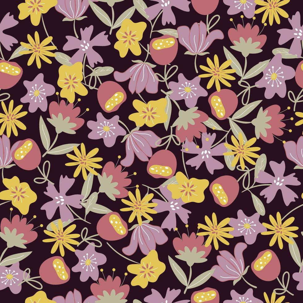 Colourful seamless pattern with fantastic flowers and leaves on a dark background. Vector design for paper, cover, clothes, fabric.