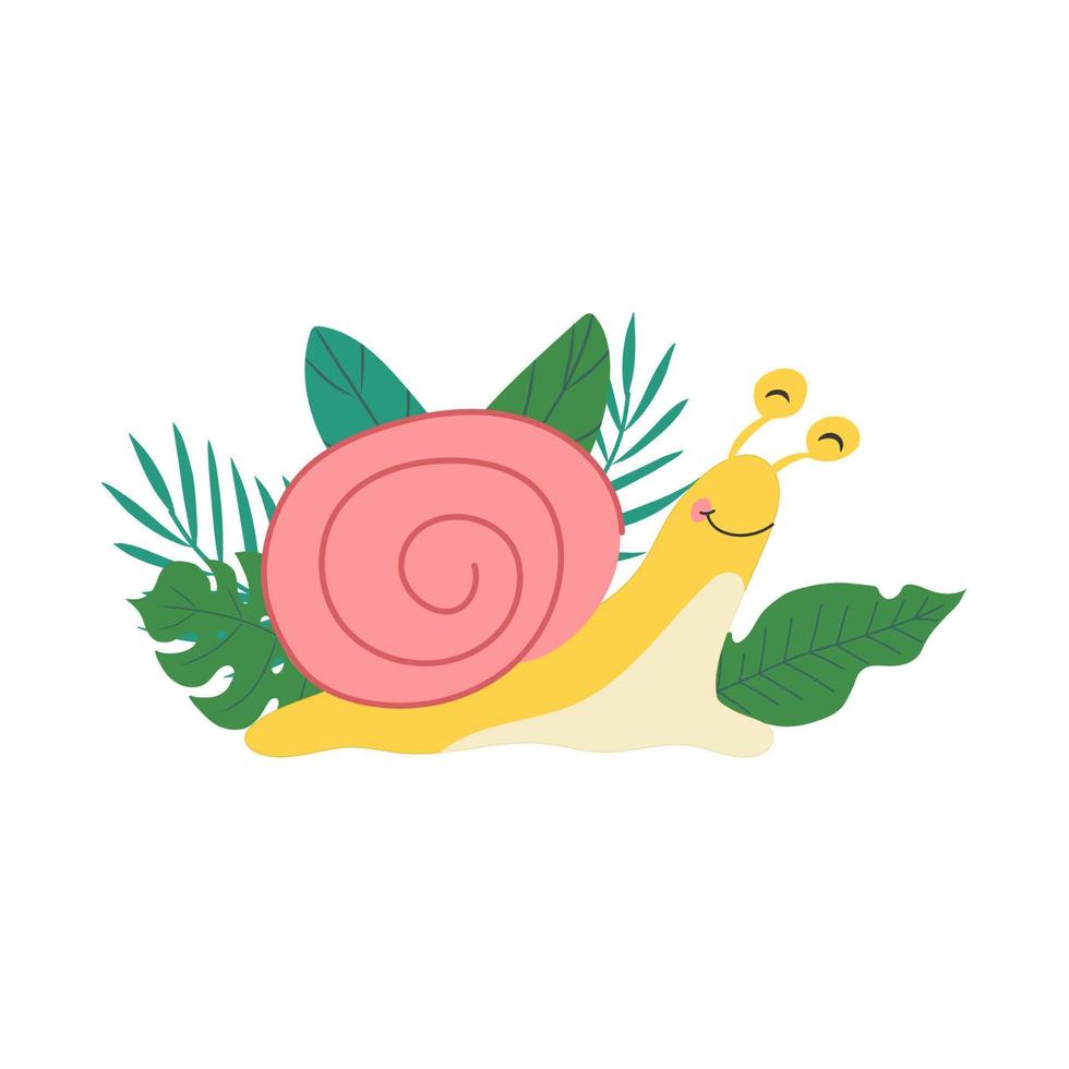 Snail character with palm leaves in a cartoon style.Vector design for poster, card, clothes. vector