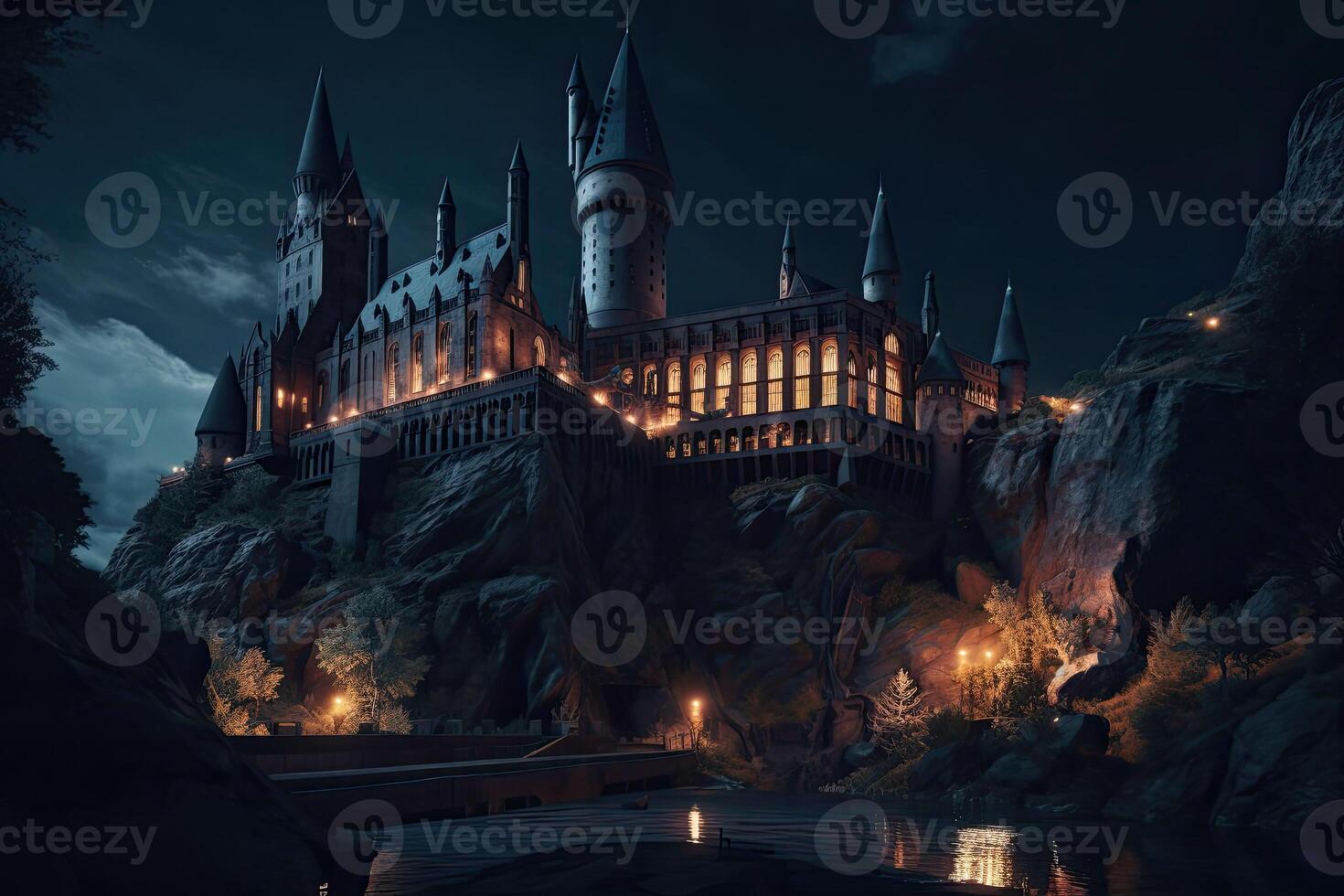 Mysterious castle at rainy night. An imposing medieval castle set in fantasy landscapes or on a mountain top. photo