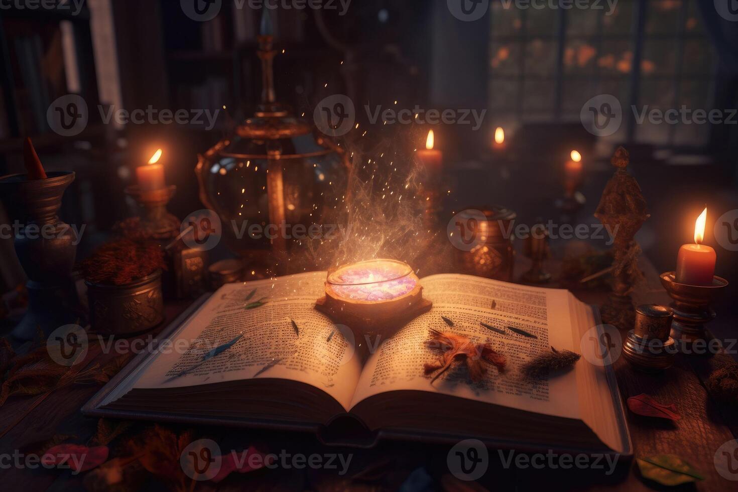 Old magic book in ancient room. Fantasy, nature or learning concept. photo