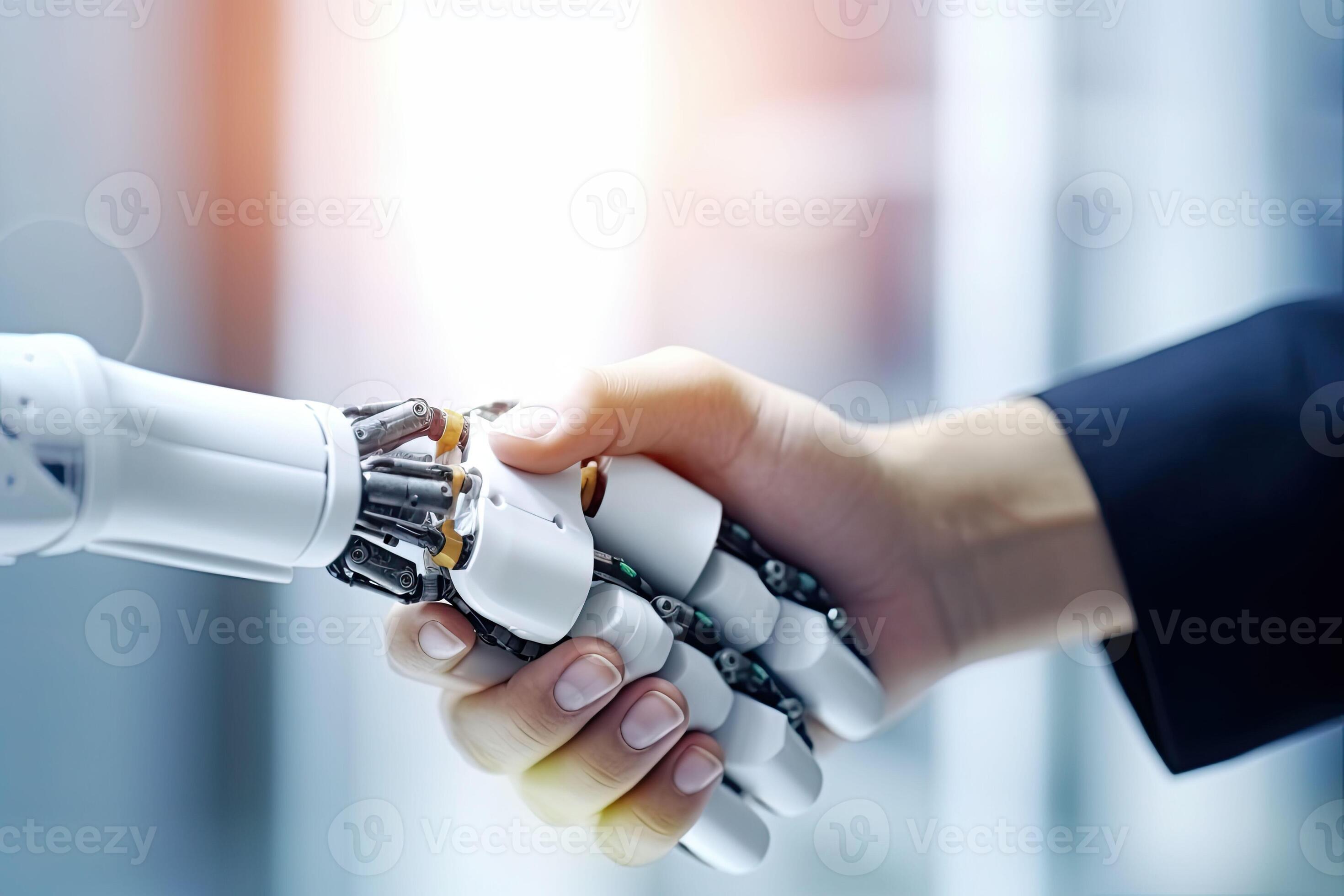 Woman And Robot Shake Hands Technology Meets Humanity 22976892 Stock woman-and-robot-shake-hands-technology-meets-humanity-22976892-stock