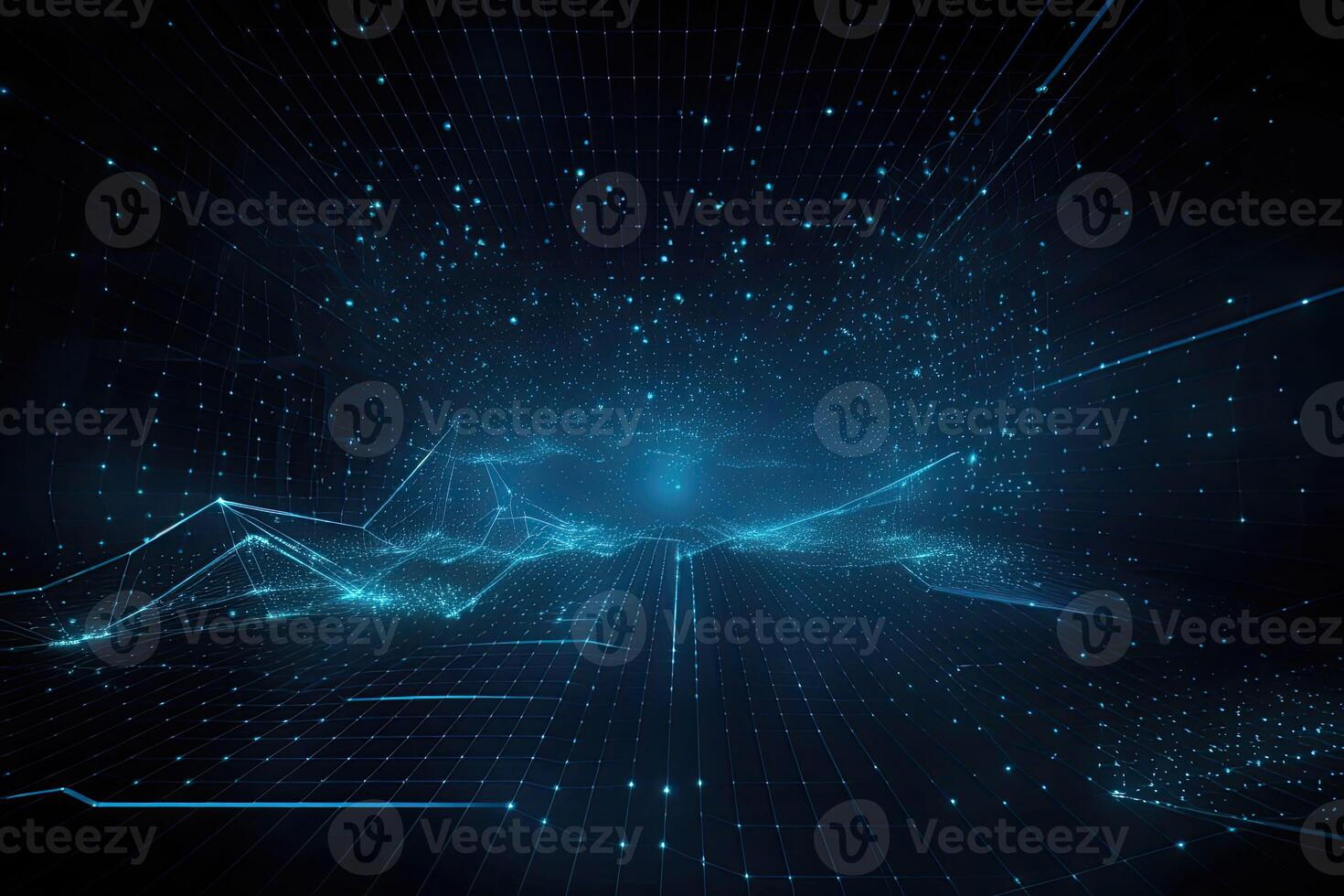 Sci-fi background of glowing particles with depth of field. Network connection. photo