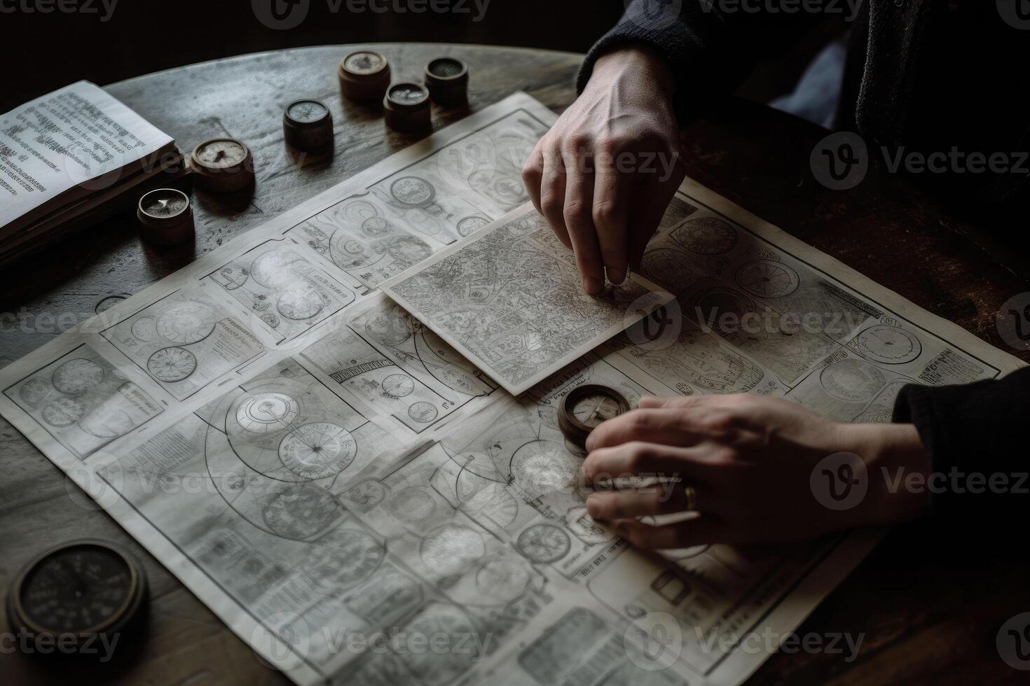 Male hands holding tarot cards. Astrologer calculates natal chart and makes a forecast. photo