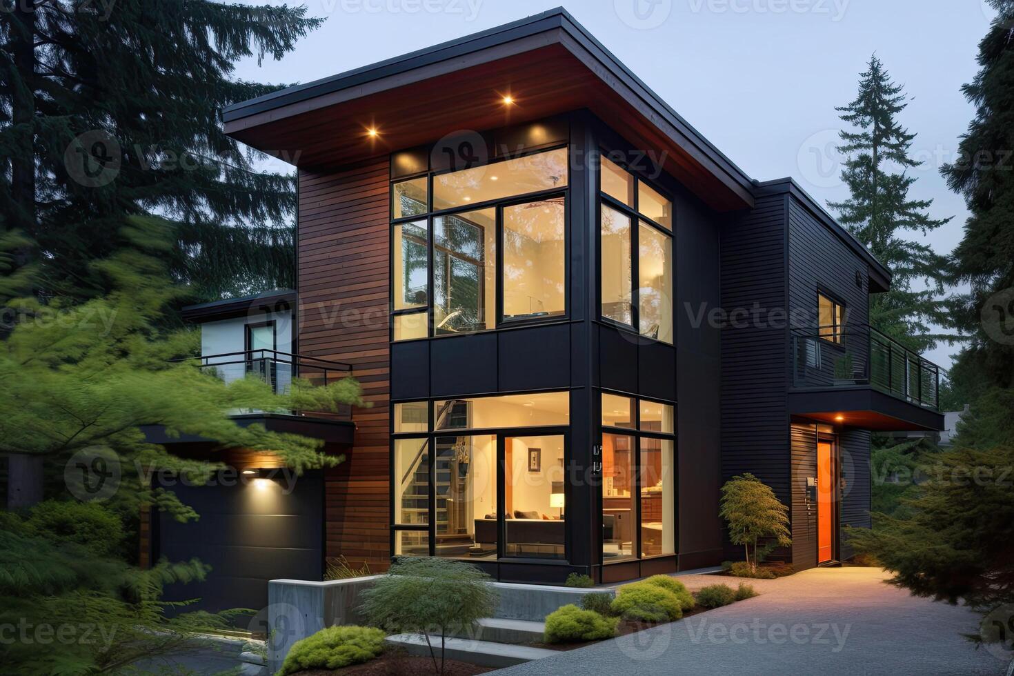 Exterior of a modern cozy house with large windows and lawn. photo