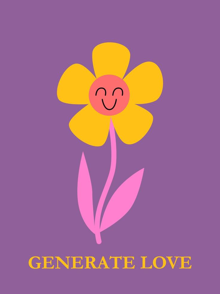 dibujos animados sonriente maravilloso flor. 70s retro Clásico planta. nostalgia concepto. pared Arte imprimir, póster, tarjeta vector